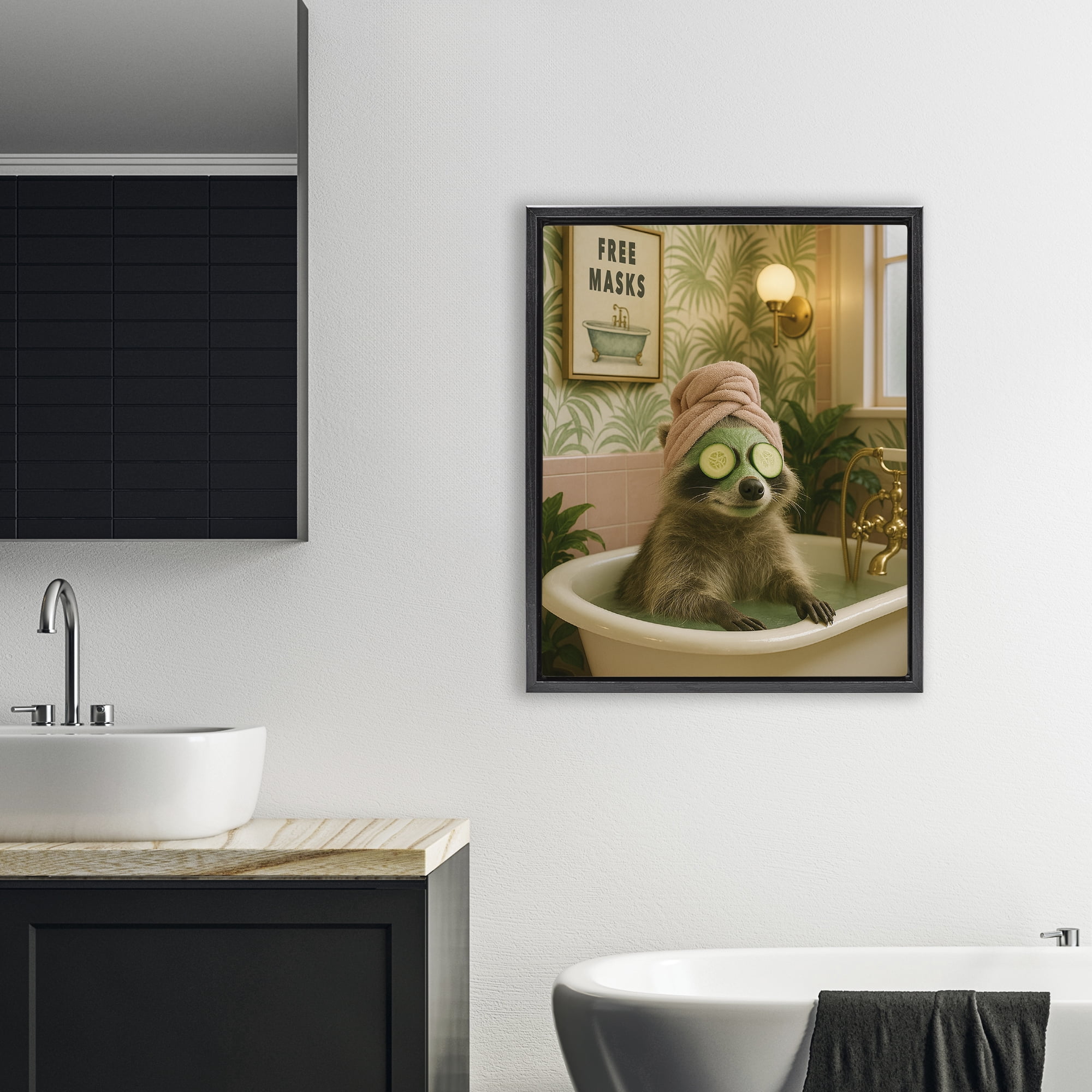 Stupell Industries Raccoon Spa Day Bath Black Framed Floater Canvas Wall Art, design by Grotto Studios