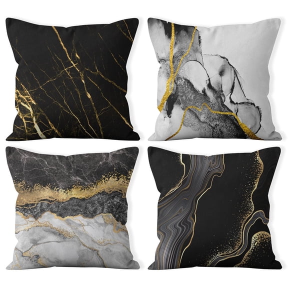 18” x 18” Black and Gold Abstract Marble Polyurethane Decorative Pillow Covers (4 Count)