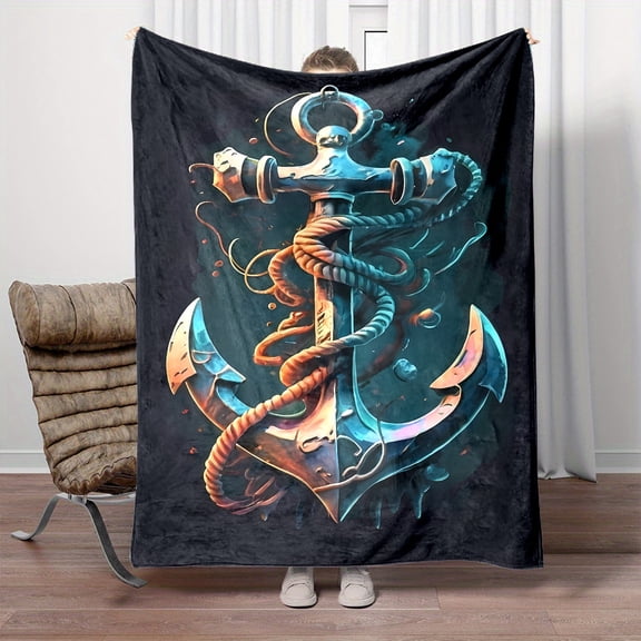 Cozy Nautical Anchor Throw Blanket - Soft Flannel, Reversible Design for All Seasons - Perfect for Bed, Sofa, Camping & Travel - Machine Washable