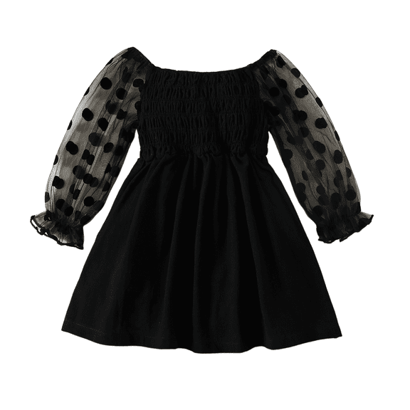 Kucnuzki Toddler Baby Girl Clothes 4T Fall Winter Dress 5T Long Embroidery Mesh Sleeve Solid Color Dress Black
