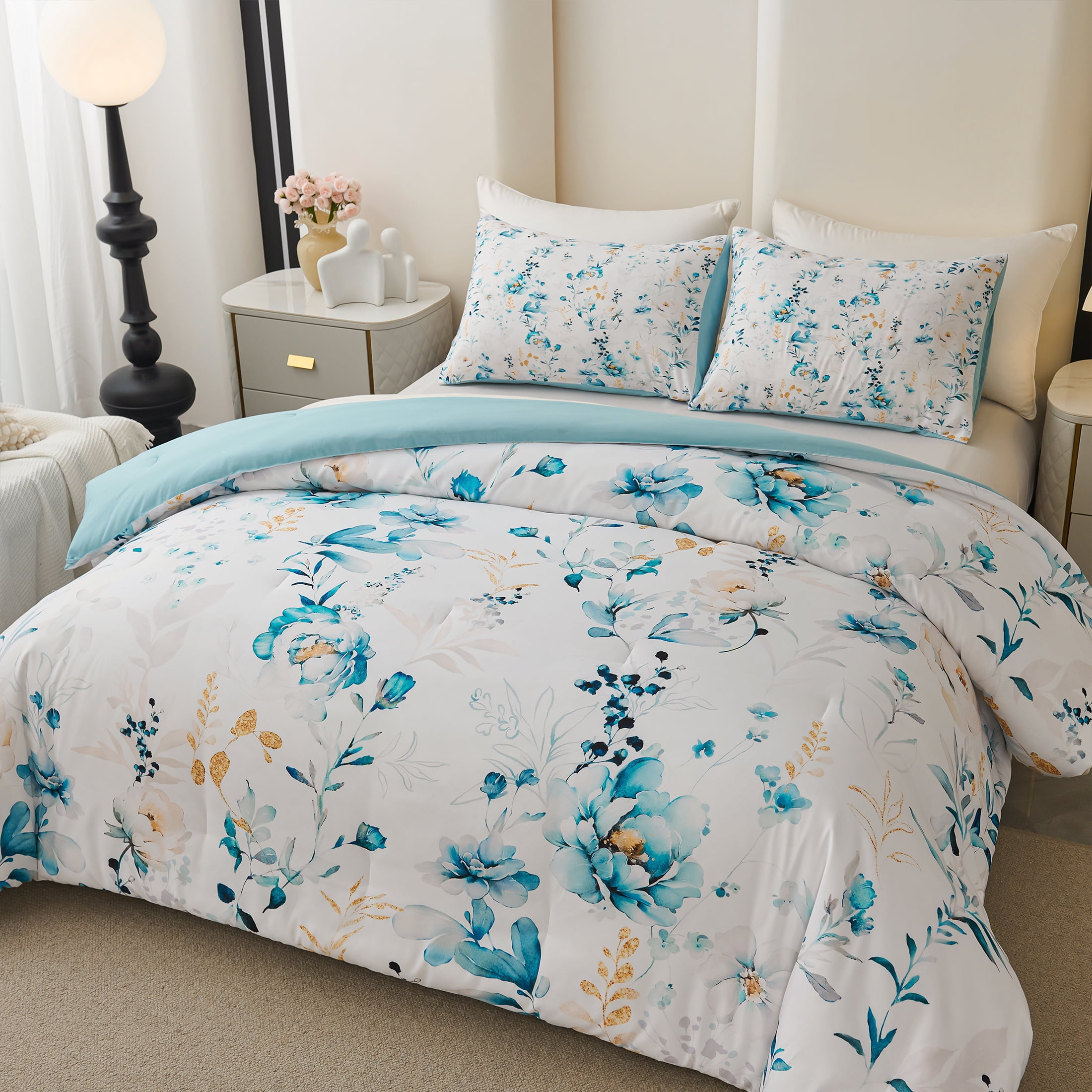 Koniroom 3 Pieces Floral Comforter Set King Size, Reversible Blue and White Flower Bedding with Peonies, Roses, Wildflowers, Leaves, and Branches Pattern for Women