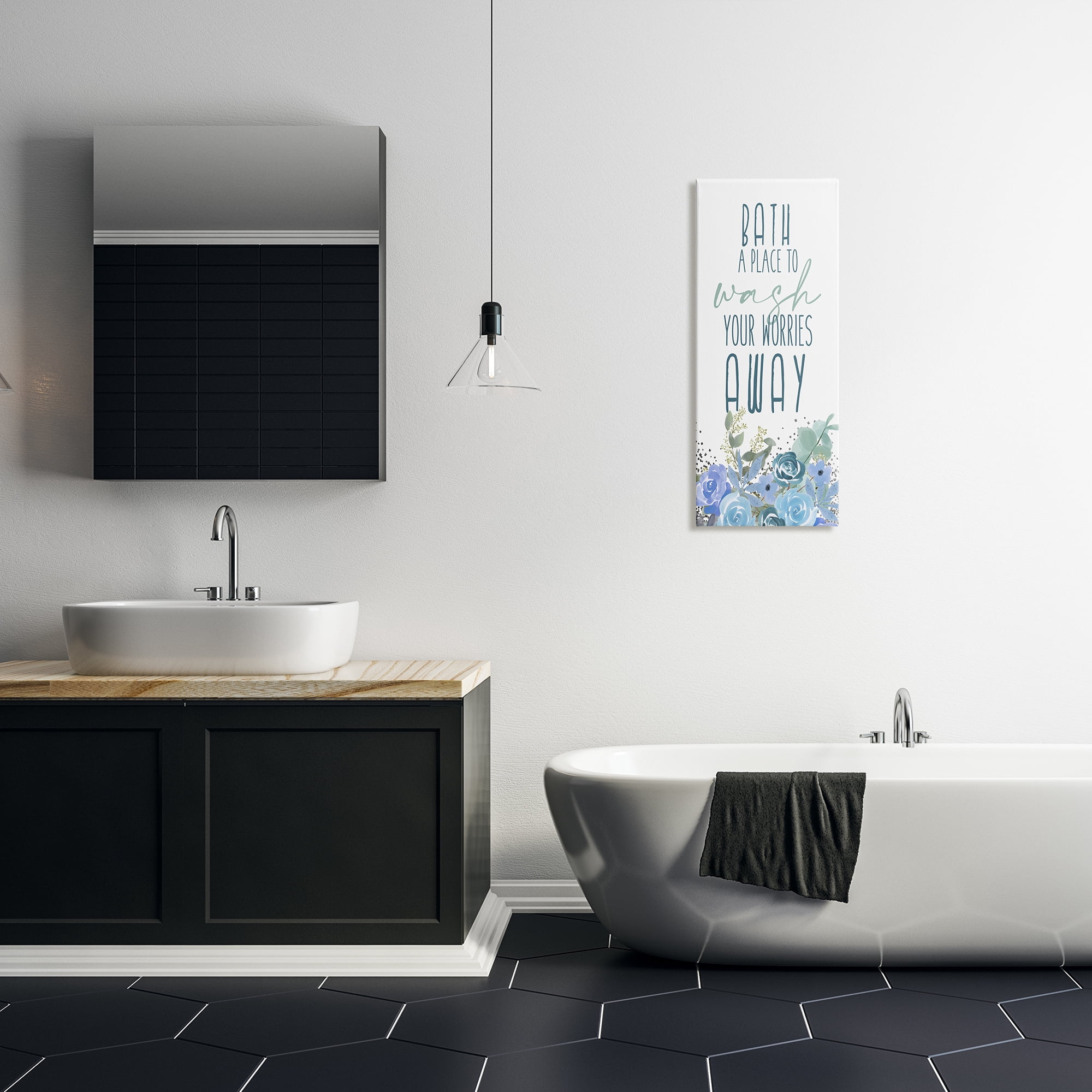 Stupell Industries Bath Definition Wash Worries Away Phrase Blue Florals, 13 x 30, Designed by Kim Allen