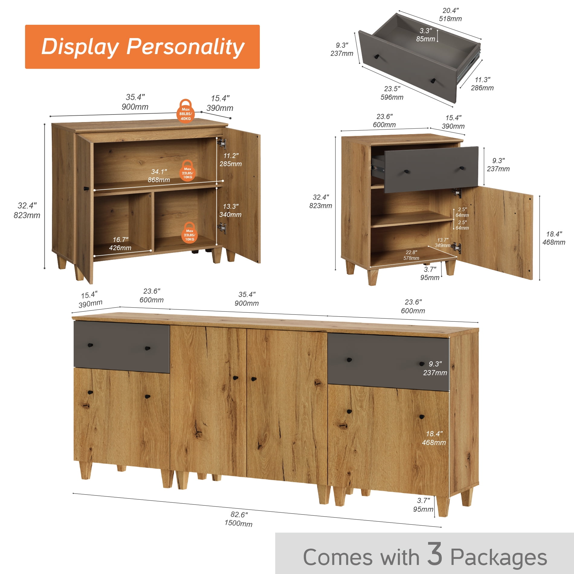 WAMPAT Wood Dresser with 2 Drawers and 3 Cabinets for Bedroom, Modern Chest of Drawer, 83" Wide, Oak Brown Wood Finish