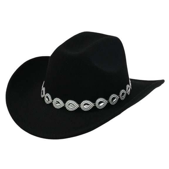 UJNDER Western Cowboy Hat for Men and Women with Metal Drops Gemstone Net Design Chain Ideal for Fashion Events and Parties Black