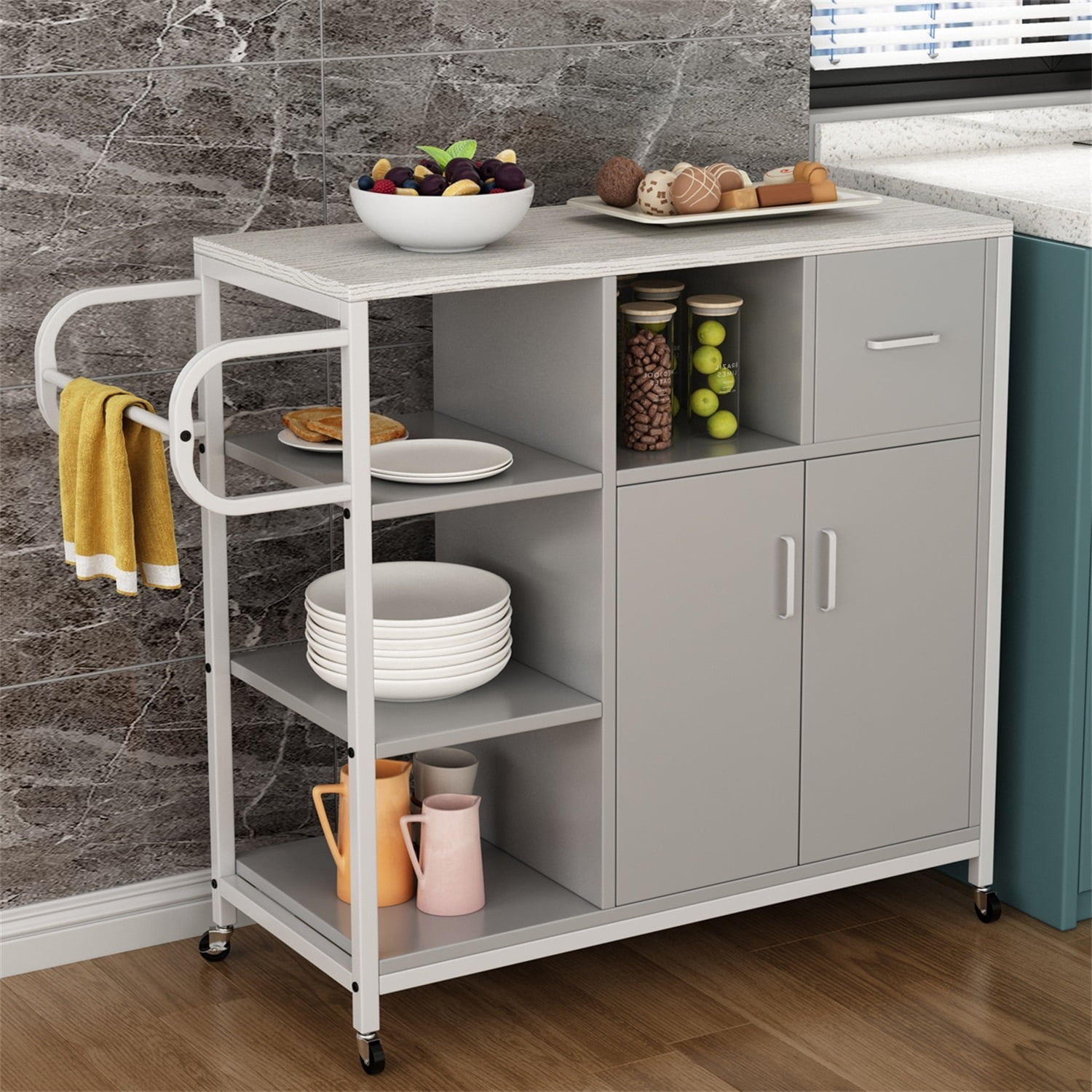Resenkos 3-shelf Kitchen Island Cart with Drawer and 2 Door Cabinet, Utility Storage Trolley Grey