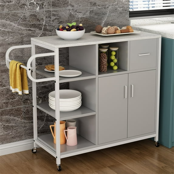 Resenkos 3-shelf Kitchen Island Cart with Drawer and 2 Door Cabinet, Utility Storage Trolley Grey