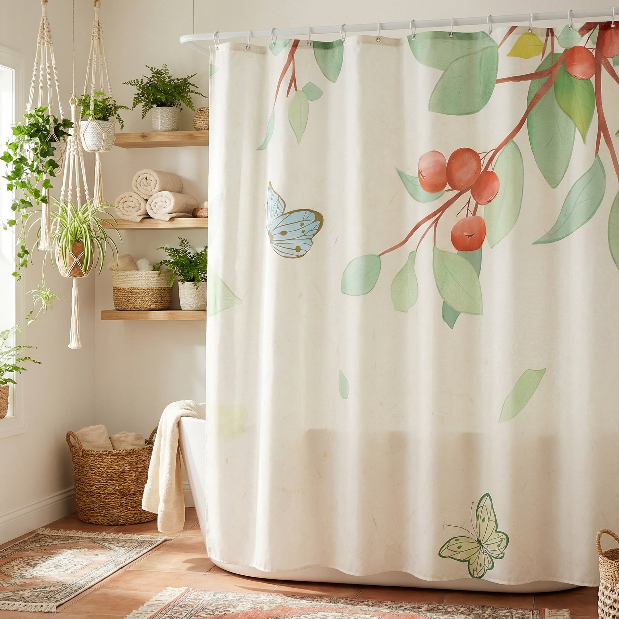 Unique Bargains Cute Print Shower Curtain Sets with Hooks Green Leaves 71"W x 71"L
