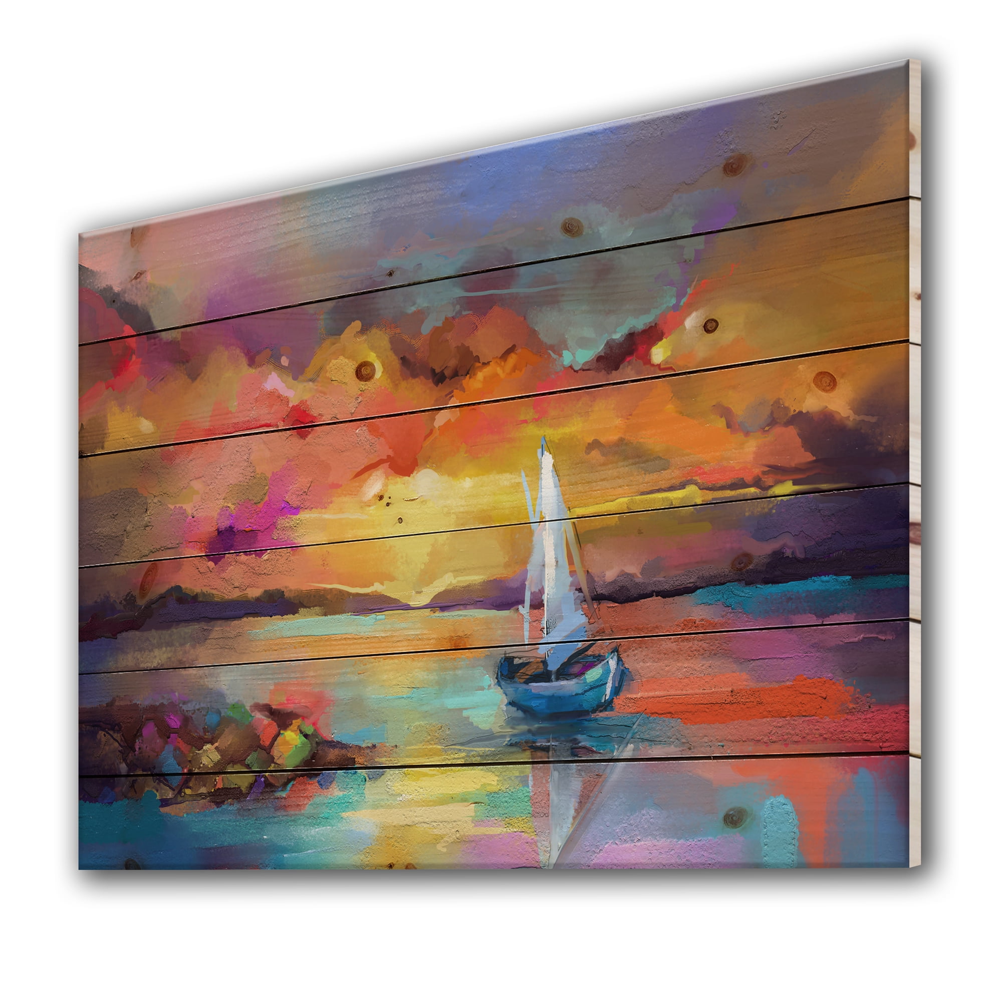 Designart 'Colorful Reflections With Sunset II' Modern Print on Natural Pine Wood