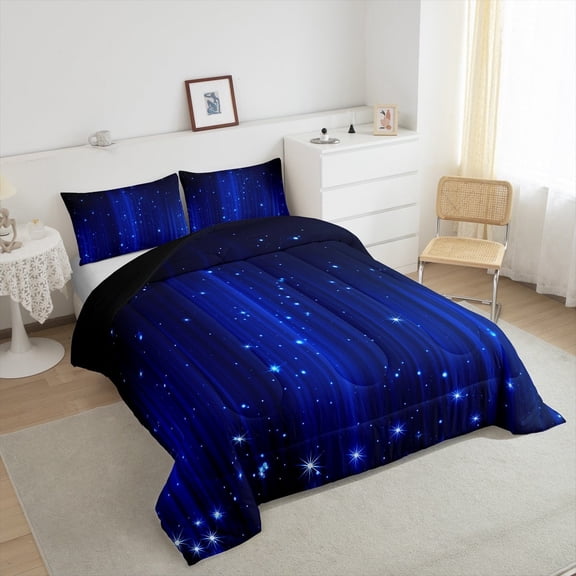 Erosebridal Royal Blue and Black Comforter Set King Ombre Glitter Bedding Set for Teen Room Decor,Abstract Striped Comforter Lightweight 3Pcs