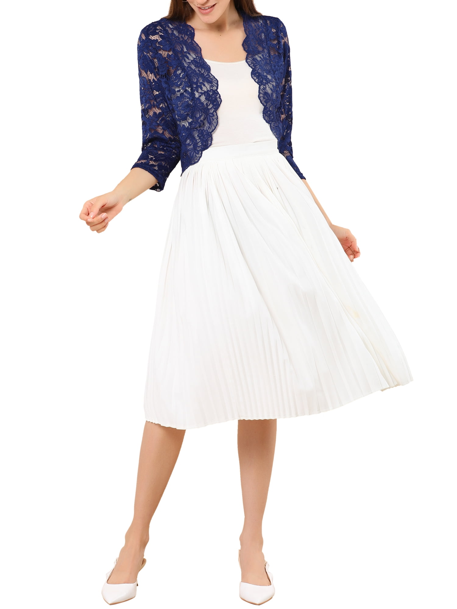DARING DIVA 3/4 Sleeve Sheer Floral Lace Shrug Top 2XL Navy