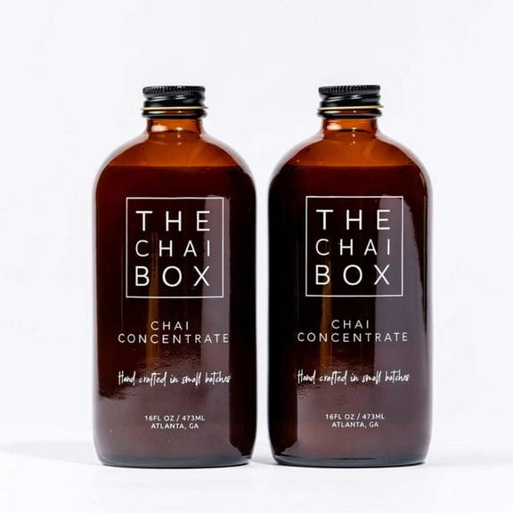 The Chai Box - Sweetened Chai Tea Concentrate - Vegan, Gluten Free, All Natural Ingredients, Black Tea, w/Cinnamon & Cardamom - Prepare using 1:1 Ratio of Milk & Concentrate - Pack of 2-16oz Bottles