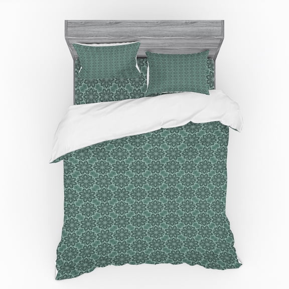Ambesonne Ethnic Bedding Set 4 Pcs, Folkloric Floral, Queen, Forest Green Seafoam