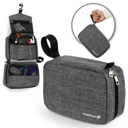 Fosmon Large Capacity Hanging Toiletry Bag, Portable Toiletries Travel Organizer Bag with 3 Compartments, 3 Pockets & 1 Sturdy Hook Accessory for Men and Women [GREY]