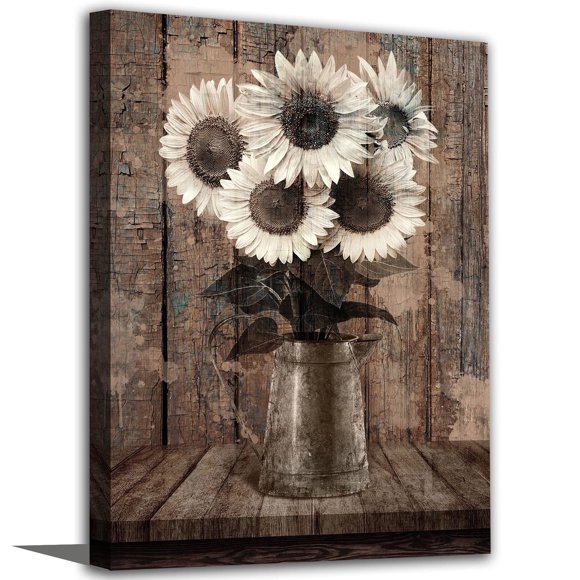 Rustic Sunflowers Canvas Wall Art Farmhouse Flowers Pictures for Bedroom Bathroom Wall Decor Vintage Sunflower Canvas Painting Old Retro Floral Canvas Prints for Home Office Wall Decoration 12" x 16"