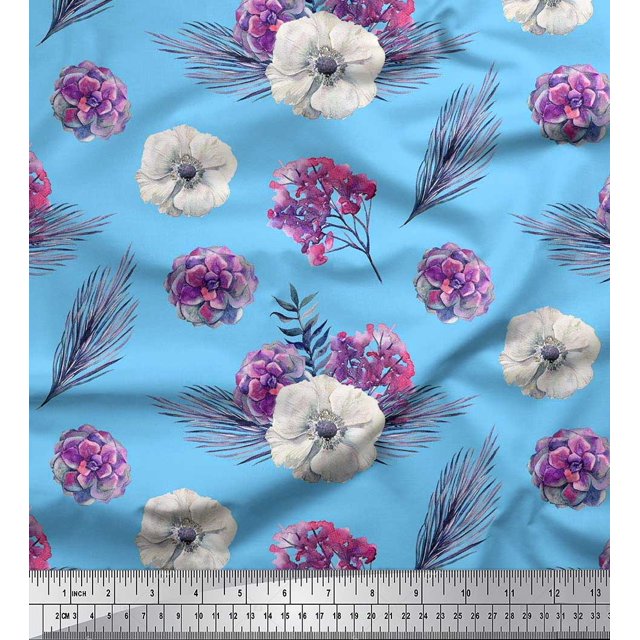 Soimoi Moss Georgette Fabric Leaves,Succulent & Anemone Flower Decor Fabric Printed Yard 42 Inch Wide