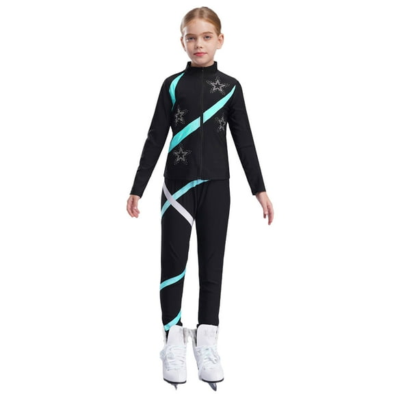 iiniim Kids Girls 2Pcs Figure Skating Training Suit Ice Skating Jacket with Practice Leggings Dancewear Blue Green 6
