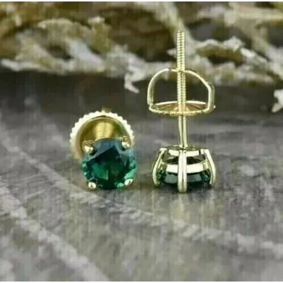 Solitaire Screw Back 2Ct Round Cut Lab-Created Green Emerald Stud Earrings 14K Yellow Gold Plated 925 Silver
