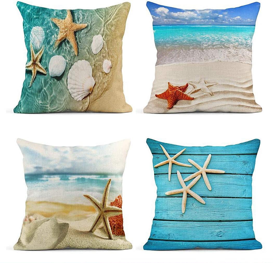 Set of 4 Beige Beach Throw Pillow Covers 18x18 Decorative Outdoor Coastal Starfish Shell Pillow Case Nautical Decor Linen Pillows for Outdoor Patio Sofa Couch Home Summer Decoration Set of 4 Beige Beach Throw Pillow Covers 18x18 Decorative Outdoor Coastal Starfish Shell Pillow Case Nautical Decor Linen Pillows for Outdoor Patio Sofa Couch Home Summer Decoration