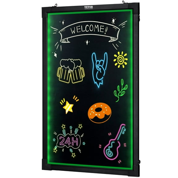 Neon Menu Board 24"x16" - LED Illuminated Chalkboard for Restaurants, Drawing Board with 8 Bright Chalk Markers, Remote Control (UL Listed)