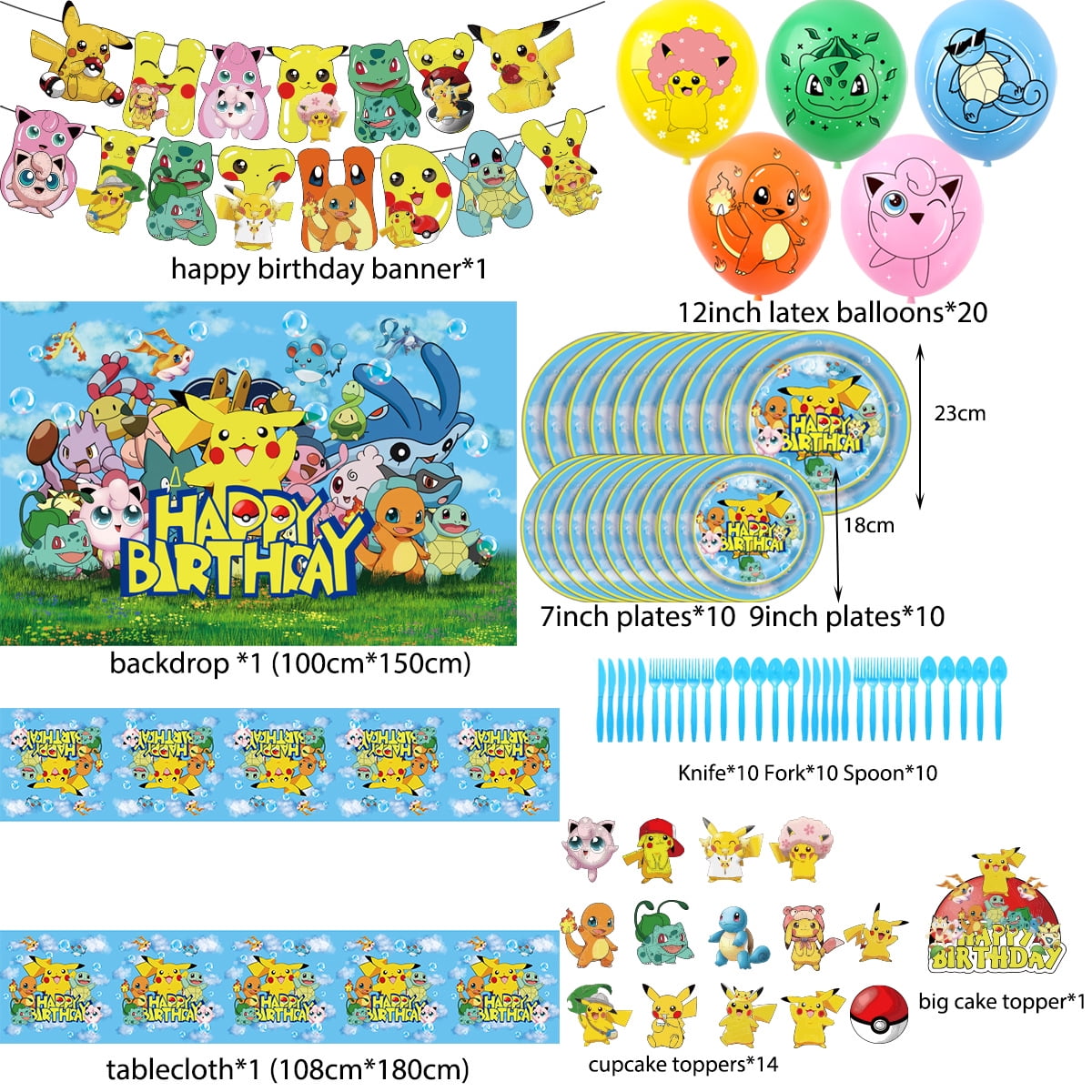 Pikachu Birthday Party Supplies, Including Happy Birthday Party Backdrop, Plates, Cupcake Toppers, Tablecloths, for Girl Boy Pikachu Theme Baby Shower Birthday Party Decorations
