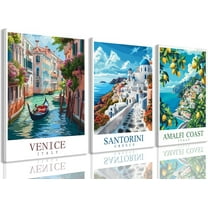 Hieng Vintage Travel Wall Art Canvas Italy Venice Amalfi Coast Pictures Set of 3 Blue Beach Posters Europe Landscape Painting Italian Decor Prints Living Room Bedroom Bathroom 16"x24" Framed