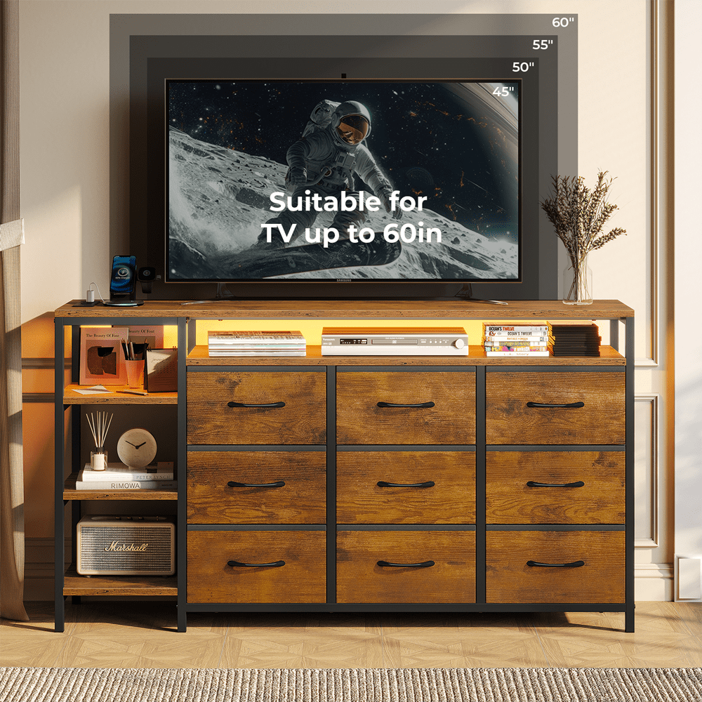 9 Drawers Dressers for Bedroom with LED Lights & Powers Outlets, 53 Inch TV Stand, Entertainment Center with Drawers & Open Shelves for Living Room,Rustic Brown