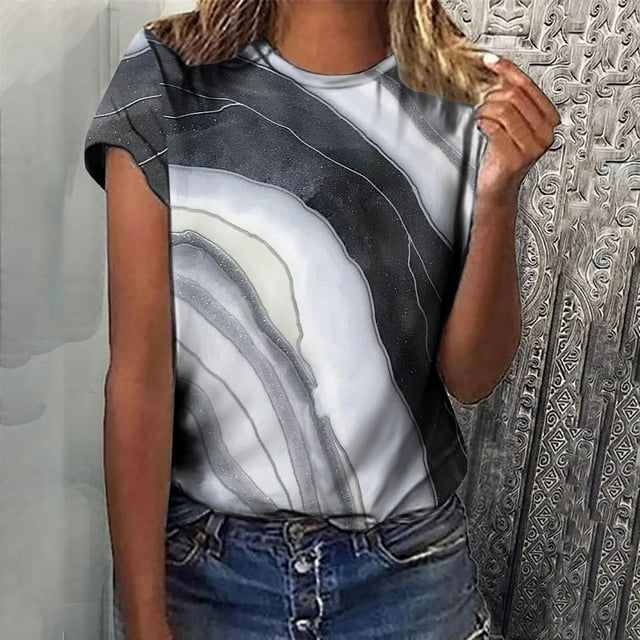 T-Shirts pour Femmes, Mode Femmes Nouveau Style T-Shirts Imprimés Manches Courtes Col Rond Blouses Été Décontracté Hauts pour Dames