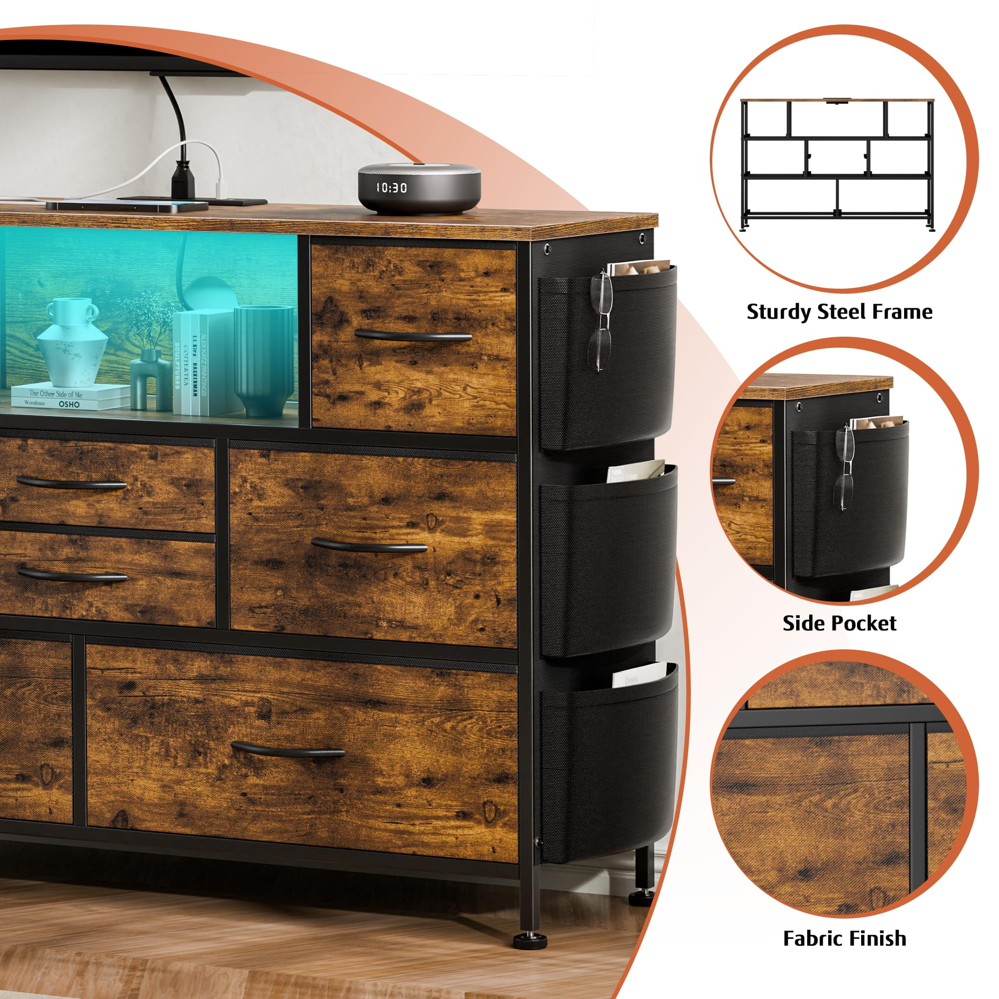 GIKPAL Dressers for Bedroom, 8 Drawer Dresser with LED Lights, Chest of Drawers with Side Pockets & Power Outlet Ports, Storage Drawers Nightstand, Bedroom Furniture Brown