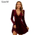 thumbnail image 2 of Minivestido patinador con vuelo y corte acampanado de fiesta de terciopelo, manga larga y cuello en V cruzado para mujer - burdeos, 2 of 5