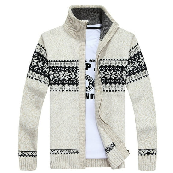 SWSMCLT Men's Zip Up Cardigan Sweater Soft Slim Fit High Neck Christmas Long Sleeve Outerwear Norway Printed Knit Sweaters Winter Fall Warm Full Zipper Cozy Beige Large