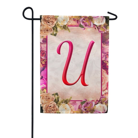 America Forever Spring Monogram Garden Flag Letter U 12.5 x 18 inches Double Sided Vertical Outdoor, Yard, Lawn, Beautiful Floral Design, Garland, Roses and Summer Flowers Garden Flag