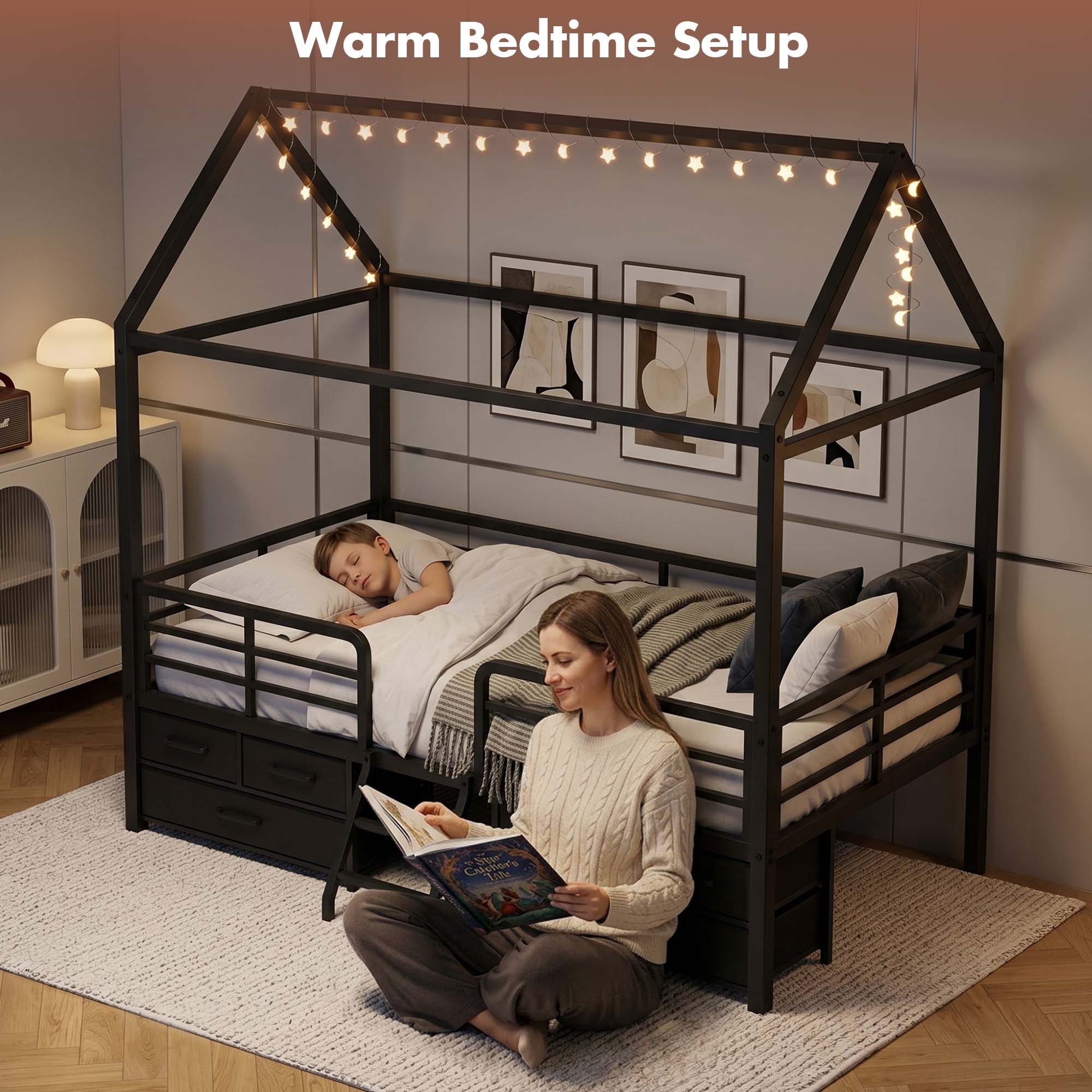 Miniyam Twin House Bed Frame with 6 Storage Drawers and Star Moon Lights, Metal Platform Bed, Black