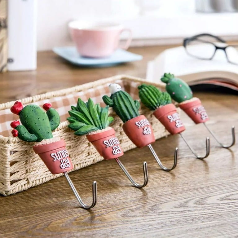 SPRING PARK Cactus Wall Hooks Decorative Adhesive Wall Mounted Hangers Rack  for Coat Towel Key Cute Decor