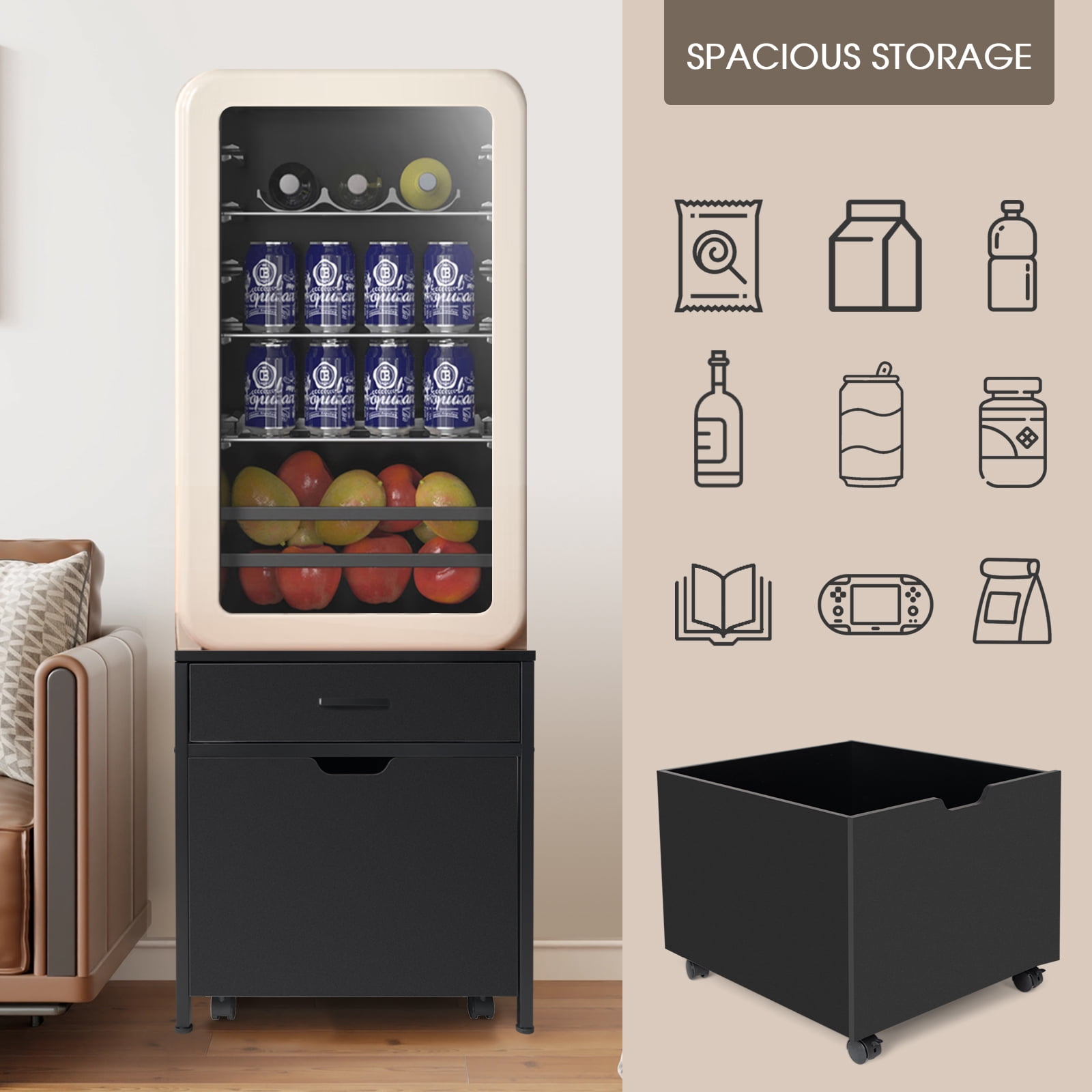 Mini Fridge Stand with Storage, Heavy Duty Mini Fridge Table with Rolling Cabinet 220LBS Capacity Tabletop for Dorm, Apartment,Office, Bedroom