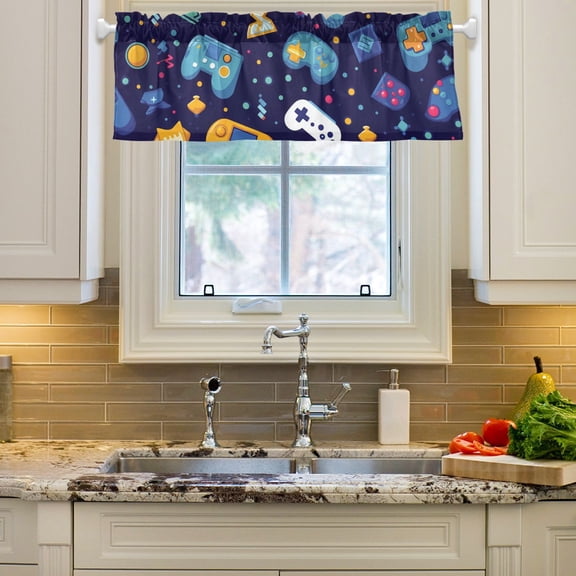 Games Consoles Blue Curtain Valances Farmhouse Design Window Treatment Decor Blackout Rod Pocket for Windows Living Room Kitchen 54" x 18"