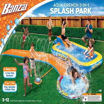 Banzai Aqua Drench 3-In-1 Splash Park w/ Pool, Sprinkler & Waterslide