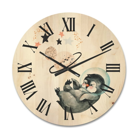 Designart 'Little Penguin With Planets and Stars I' Farmhouse Wood Wall Clock