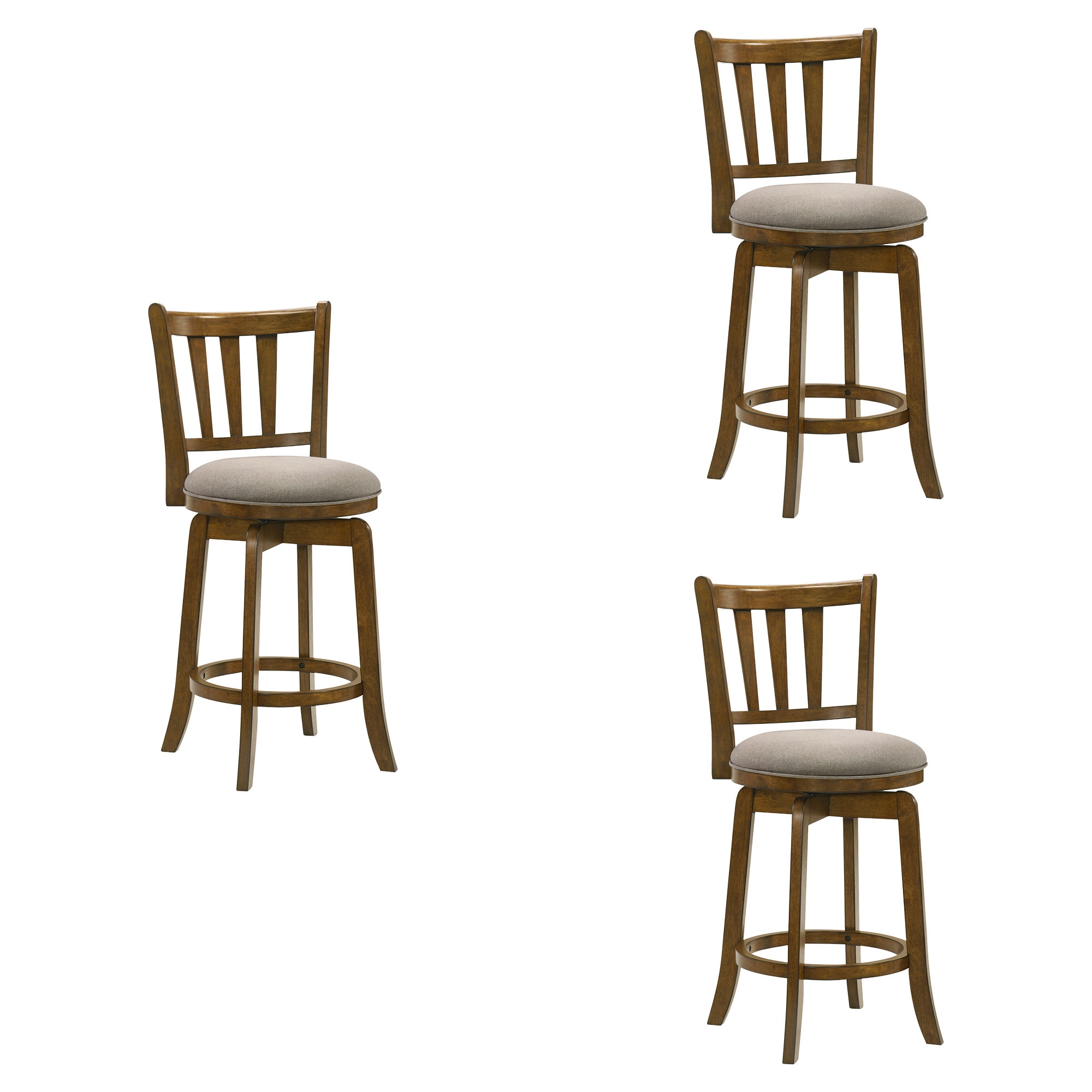 Wren Modern Farmhouse Swivel Wood Counter Height Kitchen Bar Stool in Sepia Brown Finish with Static Gray Fabric Upholstered Seat - Set of 3