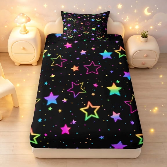 Manfei Glowing Gradient Stars Twin Fitted Sheet,Sprinkle Print Bedding,Black,2-Piece