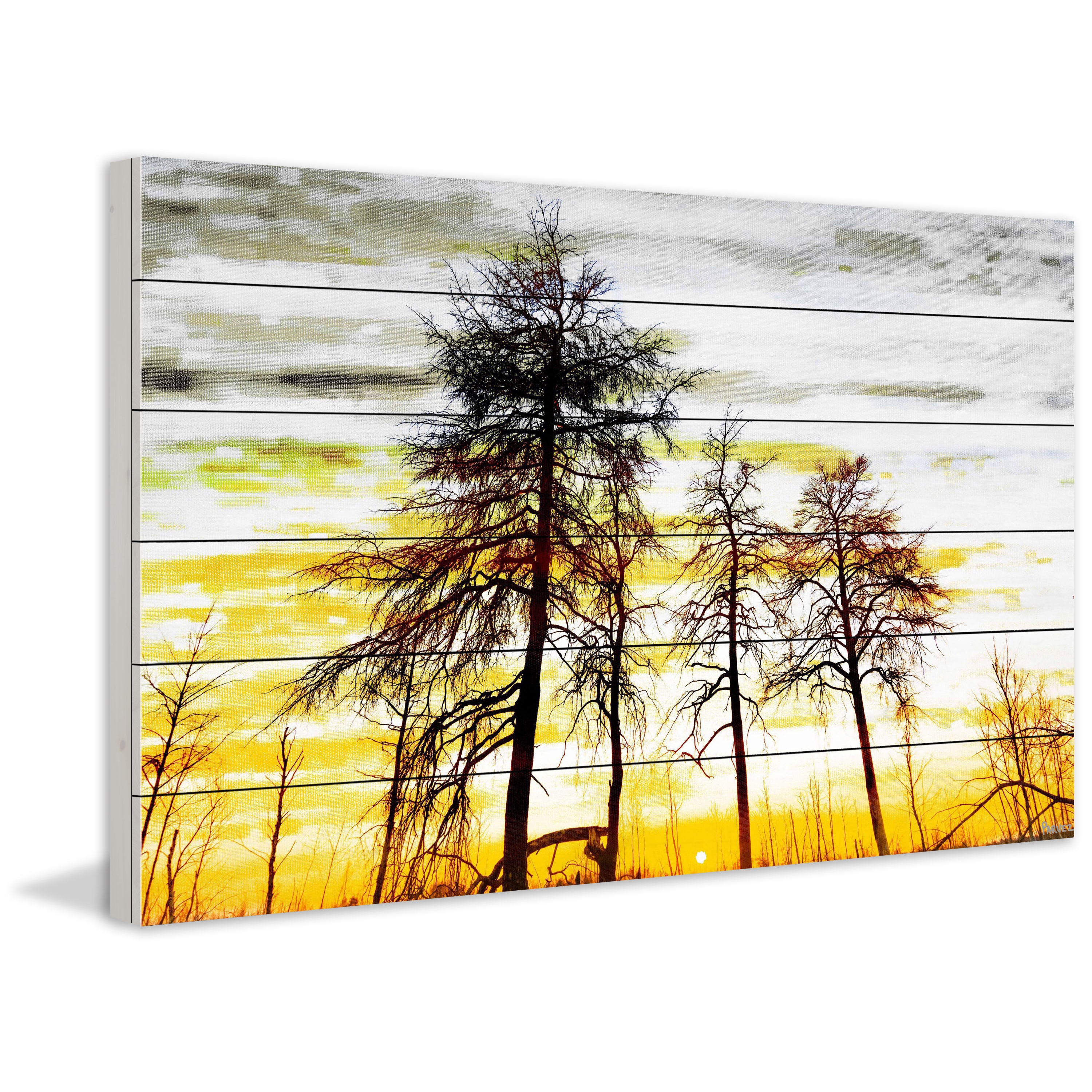 Parvez Taj  - Trees Against Gold Sky Painting Print on White Wood - Multi-Color 60 x 40