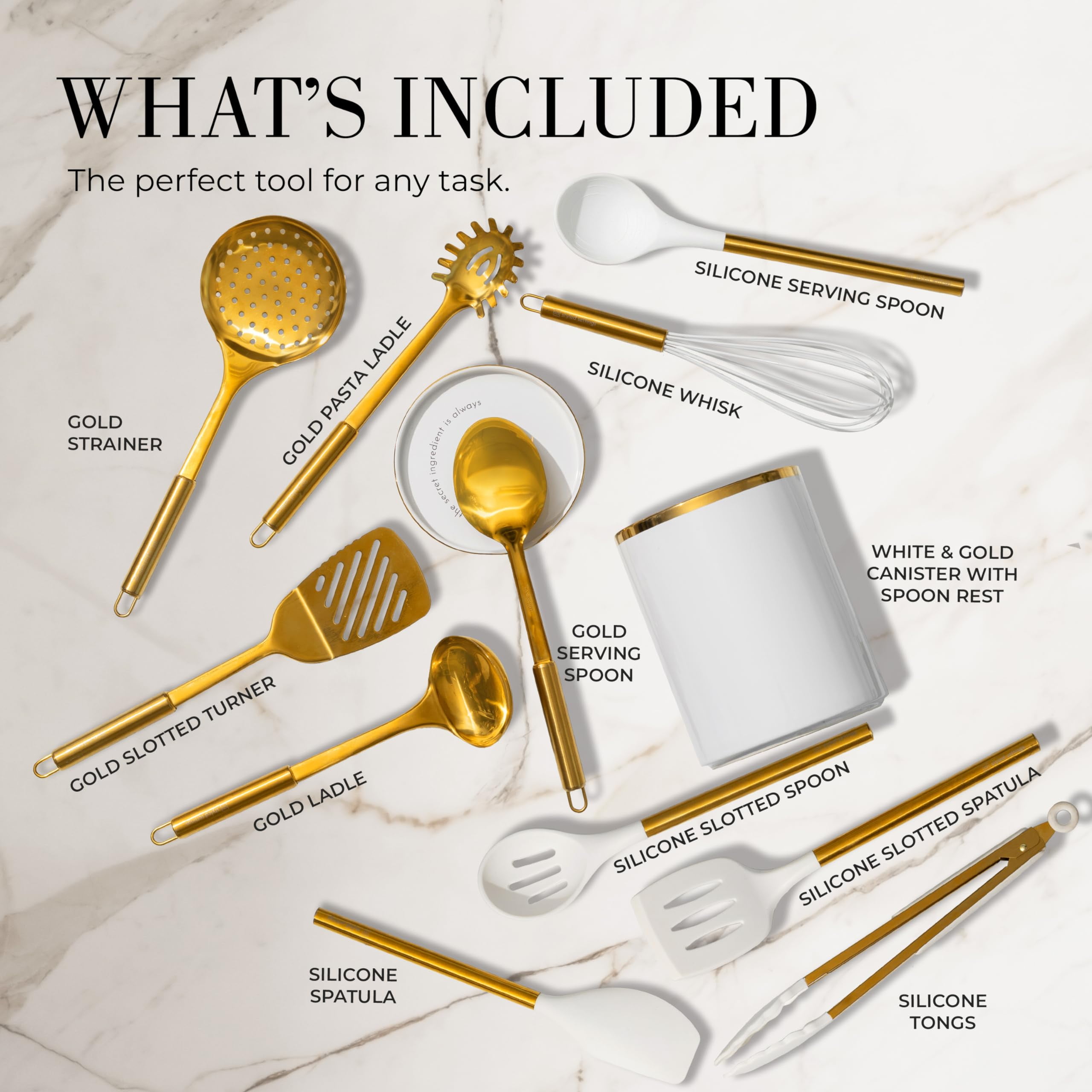 White and Gold Cooking Utensils Set - 13 PC White and Gold Kitchen Utensils Set Includes White Ceramic Utensil Holder with Built-In White & Gold Spoon Rest - Gold Kitchen Accessories