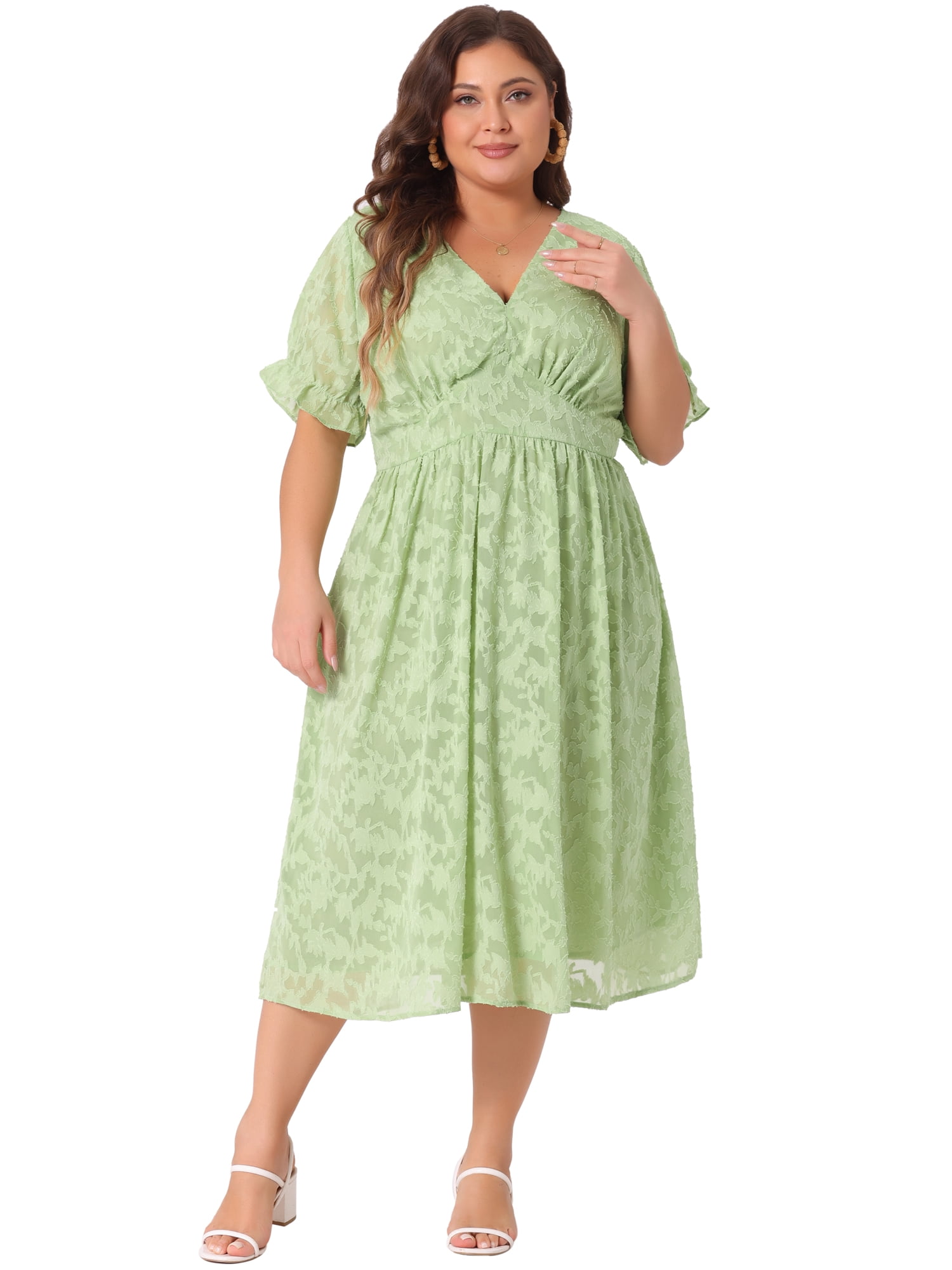 DARING DIVA Plus Size Midi Bubble Sleeve Semi Sheer Fit Flare Dress 4X Grass Green