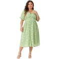 thumbnail image 3 of DARING DIVA Plus Size Midi Bubble Sleeve Semi Sheer Fit Flare Dress 2X Grass Green, 3 of 6