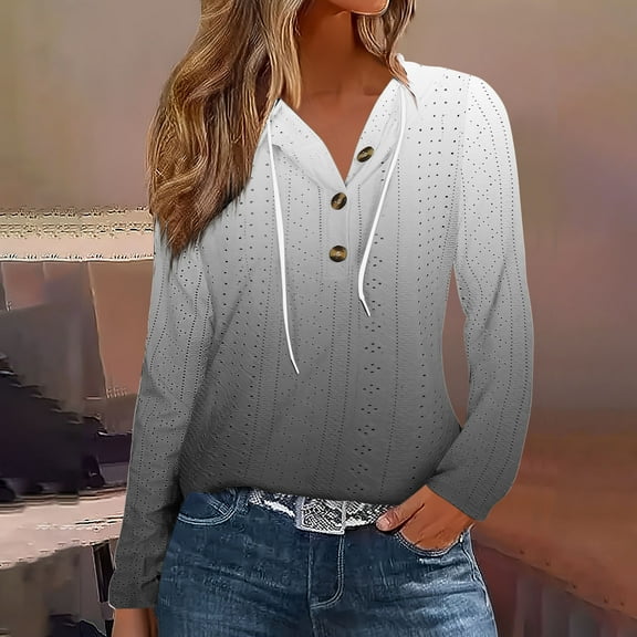 HongQid Women's Hoodie Sweatshirt Casual Long Sleeve Shirts Eyelet Button Front Lightweight Drawstring Pullover Tops