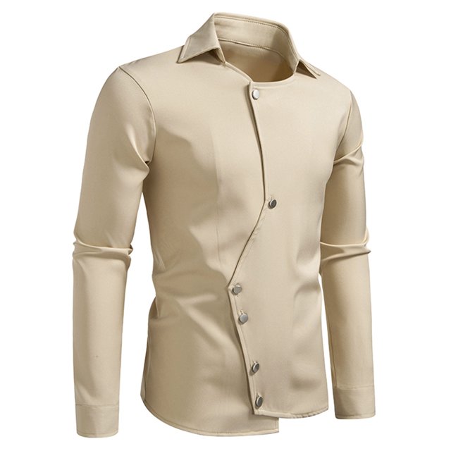 Blusa y camisa de manga larga con cuello vuelto para hombre, informal, a la moda, con botones sólidos, de poliéster, de manga larga y cuello vuelto.