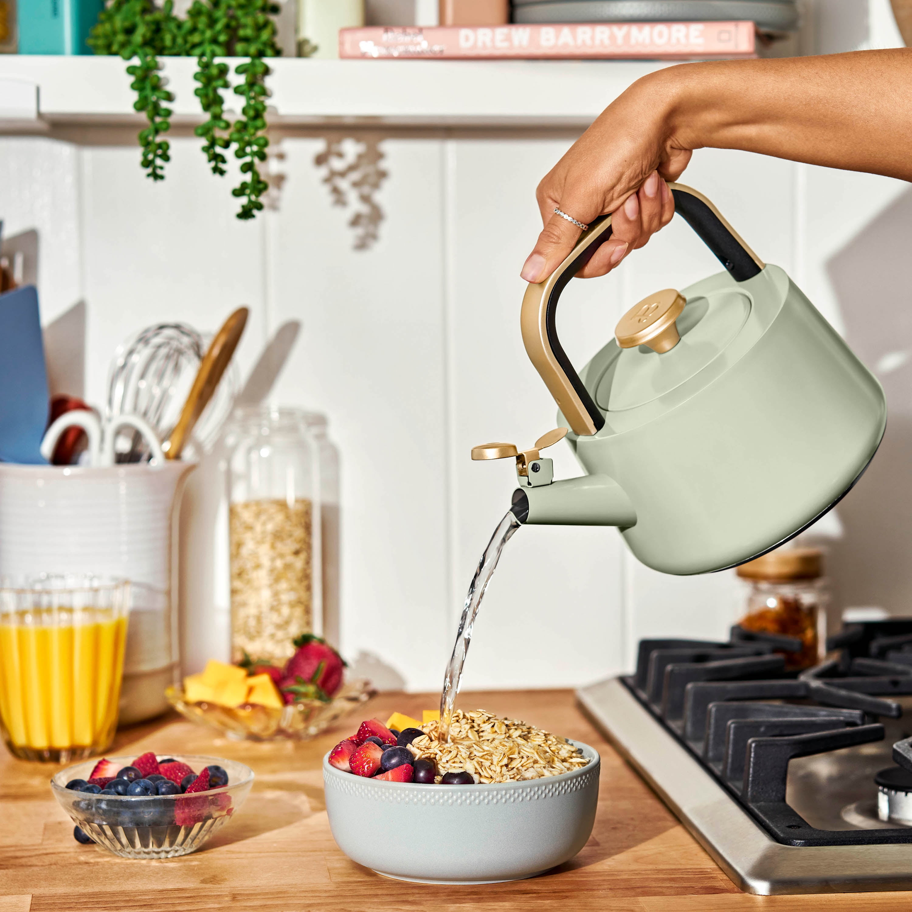 Beautiful 1.8L Ceramic Non-Stick Stovetop Tea Kettle, Sage Green by Drew Barrymore