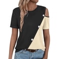 thumbnail image 6 of Teissuly Women'S 2024 Summer Casual And Comfortable Patchwork Color Cold Shoulder Button Splicing Short-Sleeved Round Neck Top/Shirt, 6 of 7