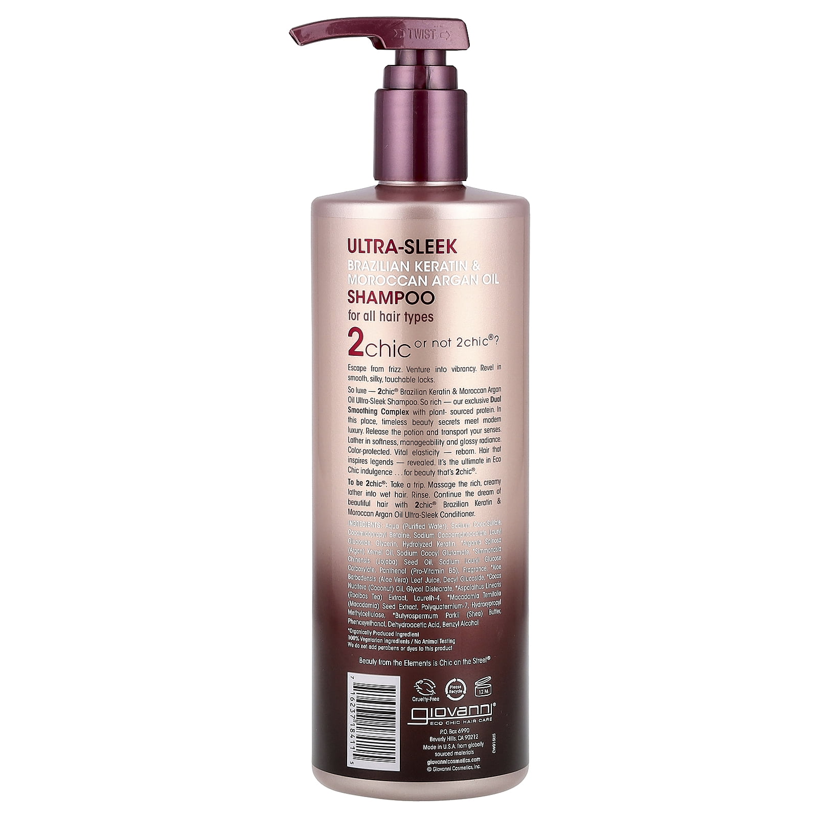 Giovanni 2chic®, Ultra Sleek Shampoo, For All Hair Types, Brazilian Keratin + Moroccan Argan Oil, 24 fl oz (710 ml)