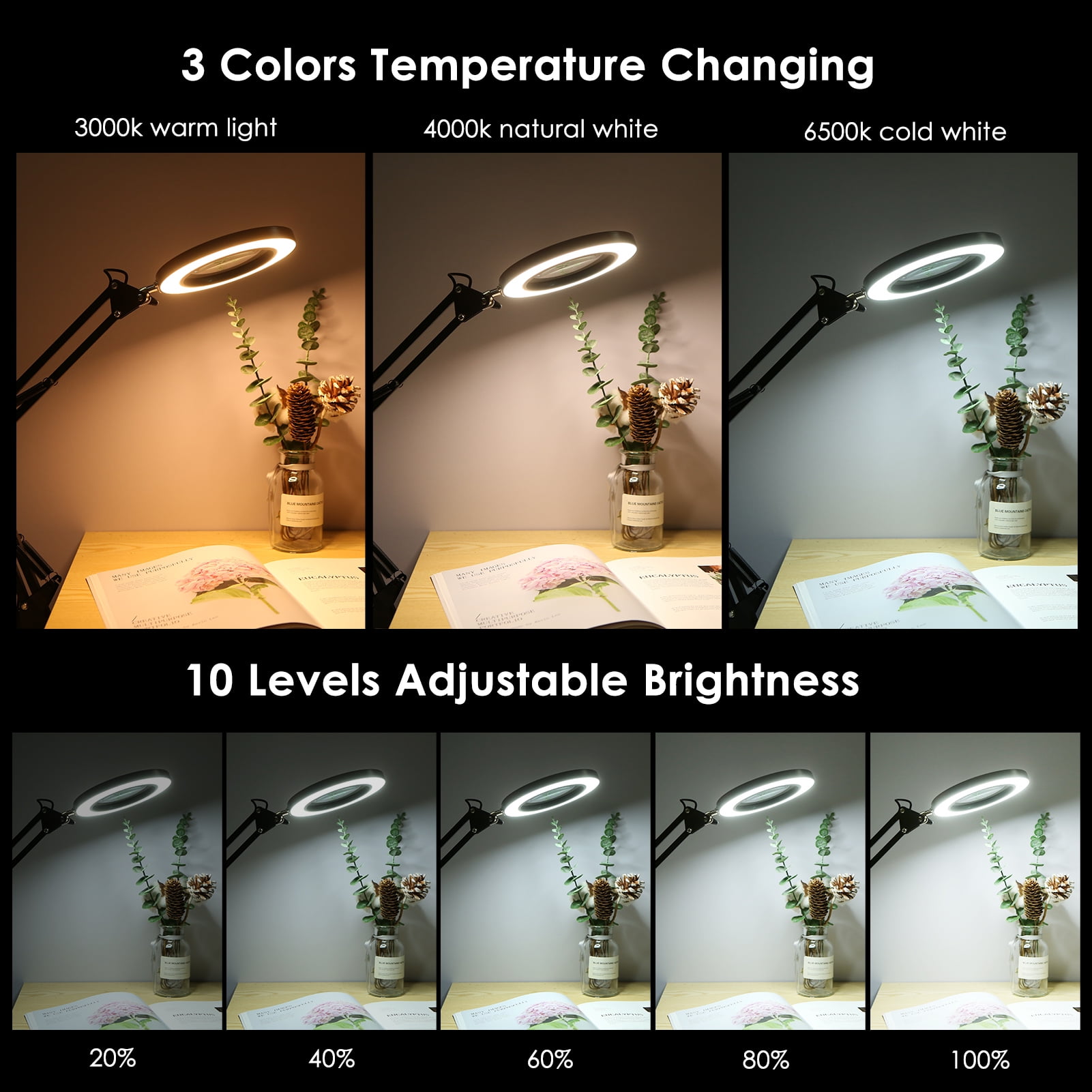 Neoglint Flexible Clamp-on Table Lamp with 8x Magnifier Swing Arm Dimmable LEDs Desk Light 3 Color Modes & 10 Brightness Levels Reading Working Studying Light