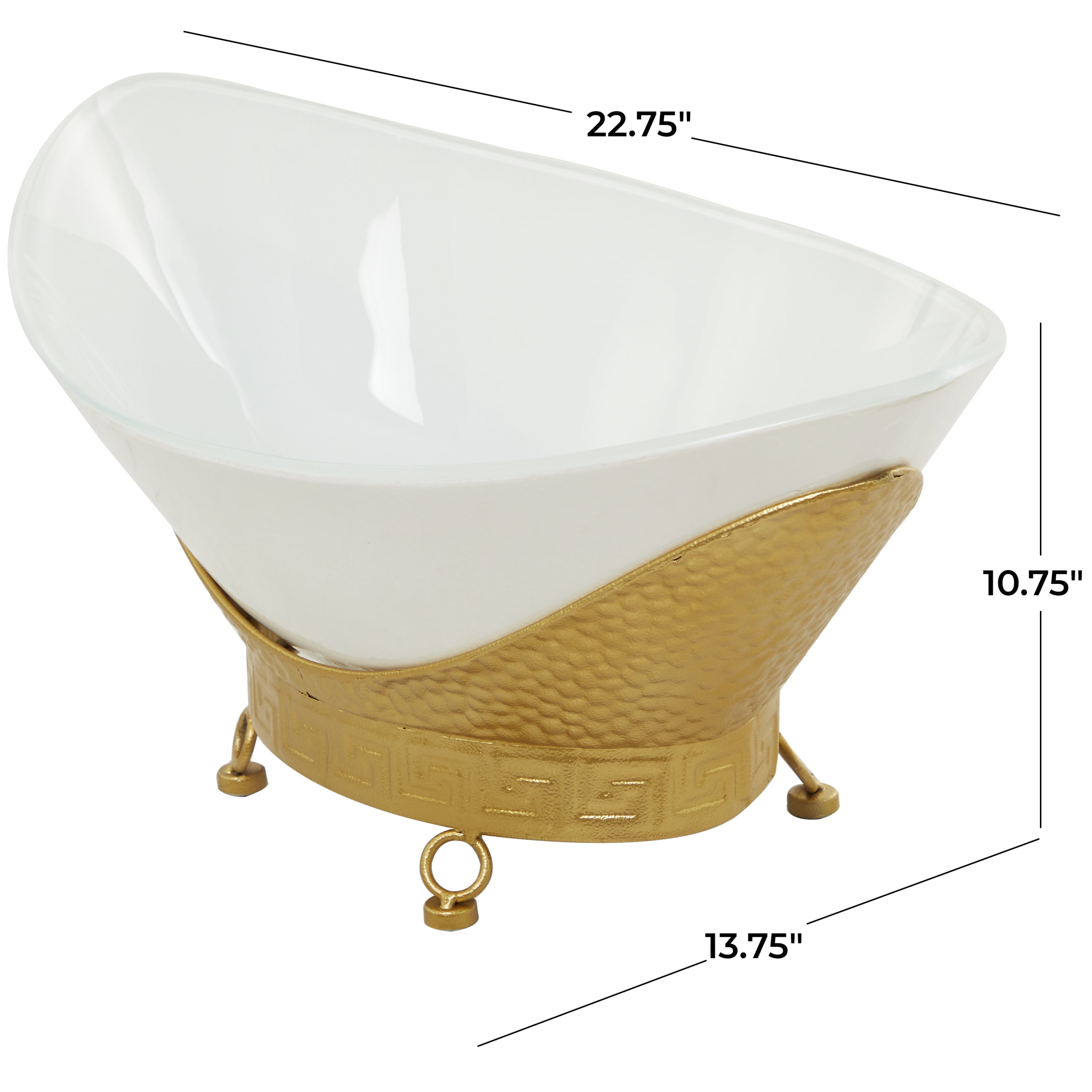 CosmoLiving by Cosmopolitan 23" x 11" White Glass Hammered Kitchen Serving Bowl with Gold Metal Stand and Ring Feet, 1-Piece